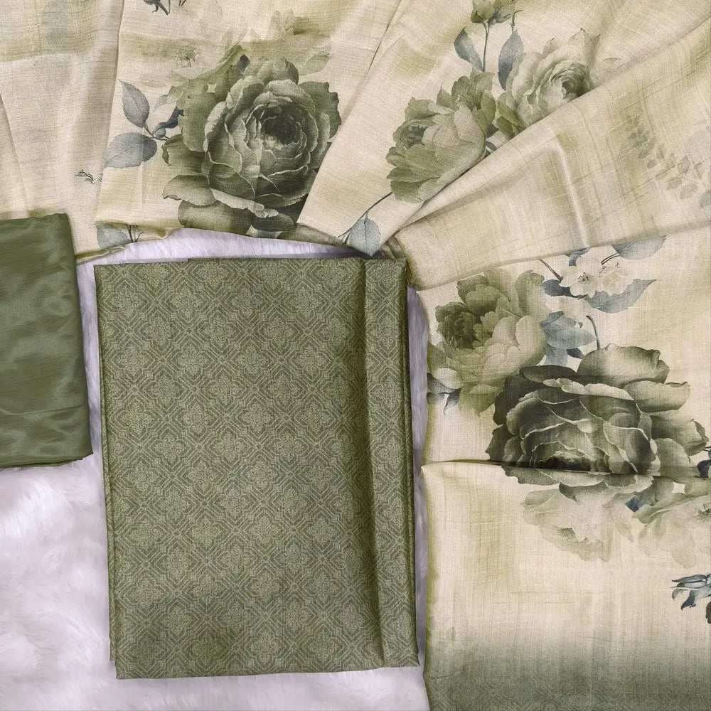 Sage green digital printed silk cotton unstitched salwar material(lining needed)matching silky bottom, digital printed silk cotton dupatta.JL260520