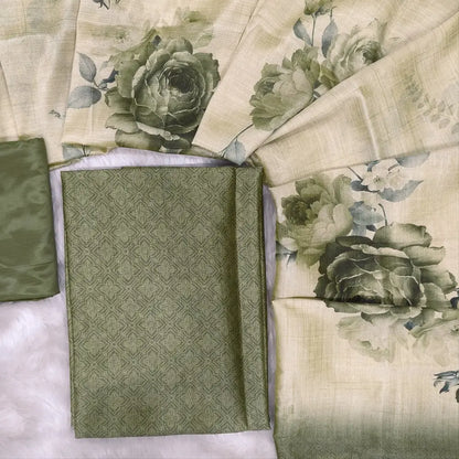 Sage green digital printed silk cotton unstitched salwar material(lining needed)matching silky bottom, digital printed silk cotton dupatta.JL260520