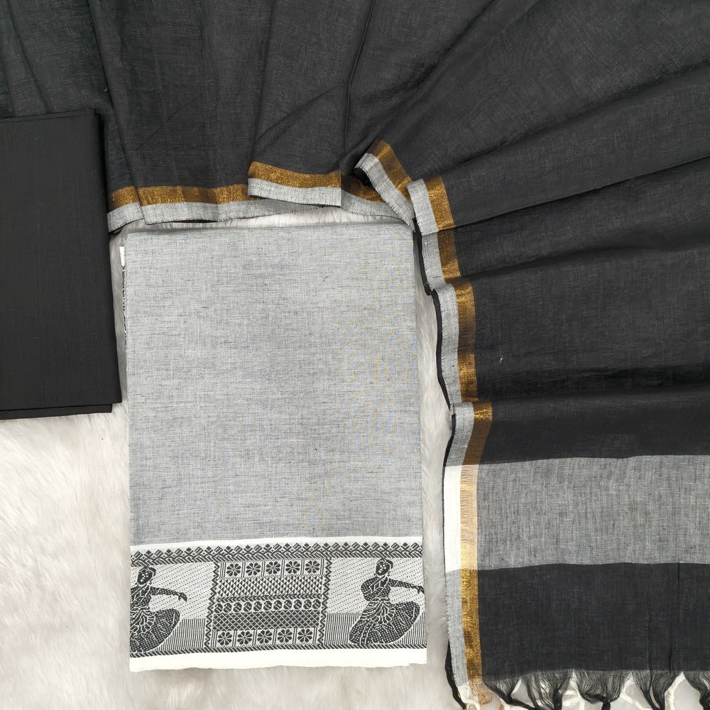 Light Grey south handloom Cotton unstitched salwar material,(soft, lining needed) thread weaving design on daman, black cotton bottom, dual shaded south handloom cotton dupatta with tassels. OC251606