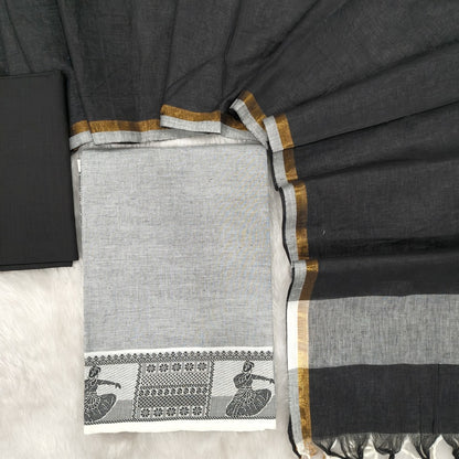 Light Grey south handloom Cotton unstitched salwar material,(soft, lining needed) thread weaving design on daman, black cotton bottom, dual shaded south handloom cotton dupatta with tassels. OC251606