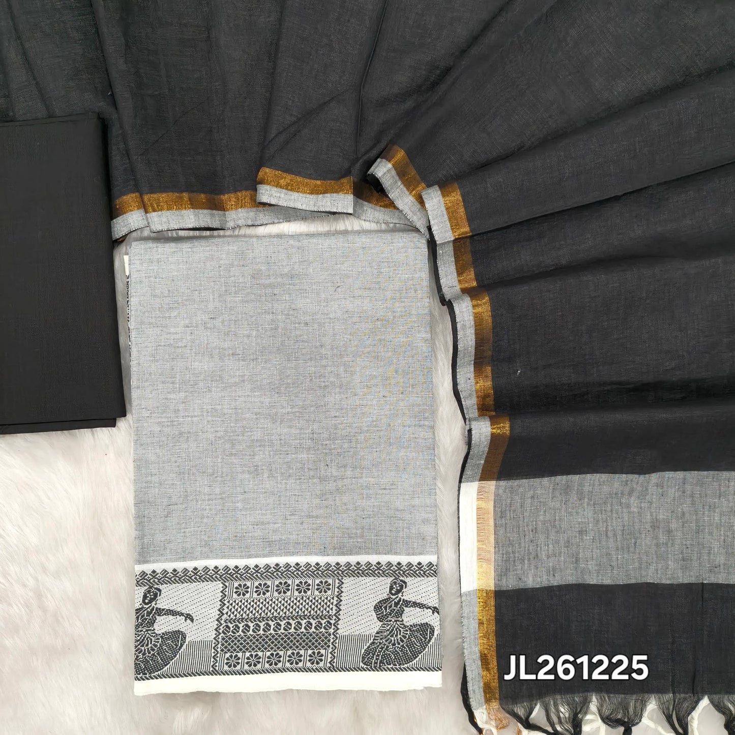 Light Grey south handloom Cotton unstitched salwar material,(soft, lining needed) thread weaving design on daman, black cotton bottom, dual shaded south handloom cotton dupatta with tassels. JL261225