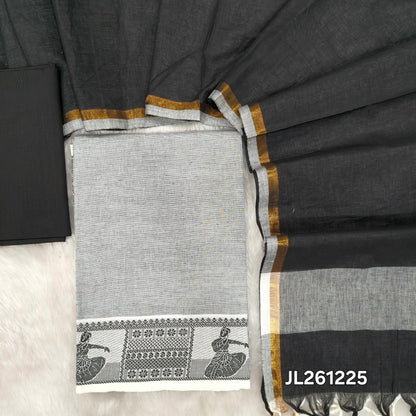 Light Grey south handloom Cotton unstitched salwar material,(soft, lining needed) thread weaving design on daman, black cotton bottom, dual shaded south handloom cotton dupatta with tassels. JL261225