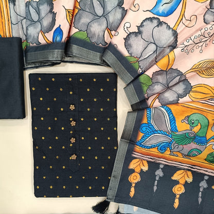 Black slub silk cotton unstitched salwar material (lining needed) fancy buttons on yoke,zari woven buttas all over, matching silk cotton bottom, colorful kalamkari digital printed silk cotton dupatta. FB261204