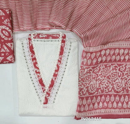 White schiffli embroidered pure cotton unstitched salwar material(lining needed) real mirror work on yoke, schiffli work all over, pink batik dyed cotton bottom, printed soft mul cotton dupatta. JN262415