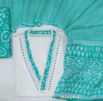 White schiffli embroidered pure cotton unstitched salwar material(lining needed) real mirror work on yoke, schiffli work all over, turquoise blue batik dyed cotton bottom, printed soft mul cotton dupatta. JN262414