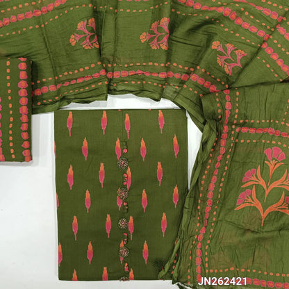 Designer olive green printed premium mul cotton unstitched salwar material, buttons cut bead & sugar bead work on yoke(soft,lining optional)block printed cotton bottom,printed pure mul cotton full length duppata with handmade tassels.JN262421