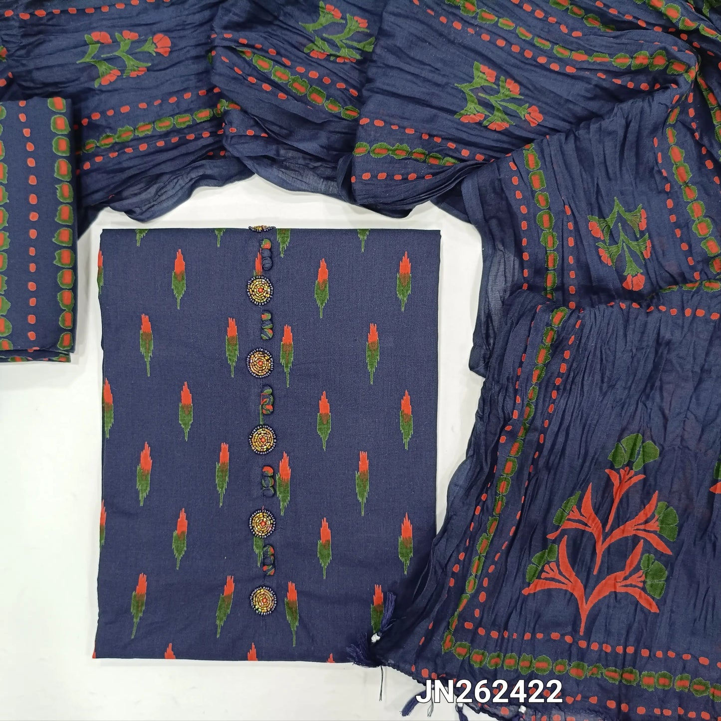 Designer dark blue printed premium mul cotton unstitched salwar material, buttons cut bead & sugar bead work on yoke(soft,lining optional)block printed cotton bottom,printed pure mul cotton full length duppata with handmade tassels.JN262422