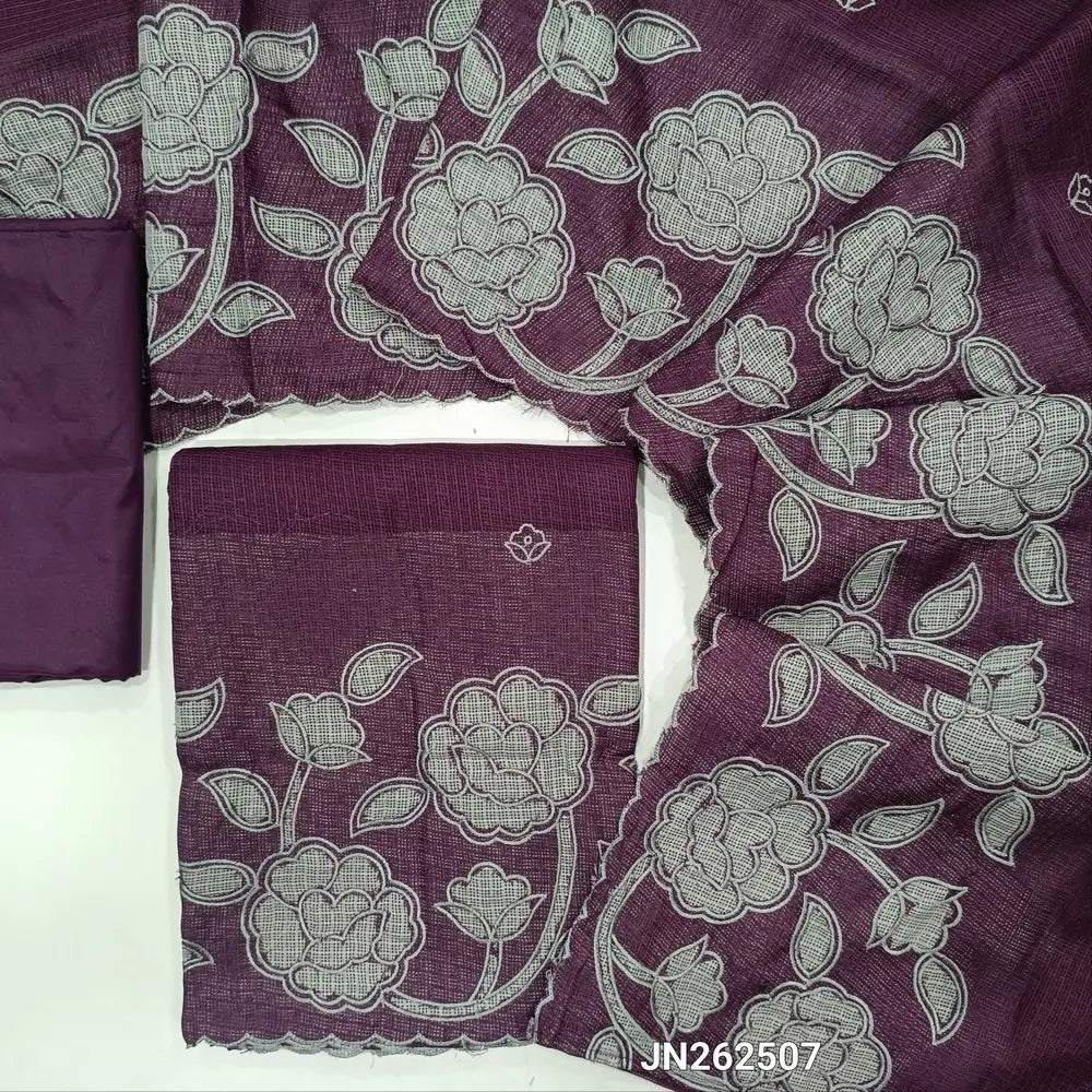 Dark purple kota unstitched salwar material,thread embroidery,applique work on daman(Lining Needed) matching silky fabric for both bottom and lining,applique work and floral embroidery on kota dupatta with scallop borders. JN262507