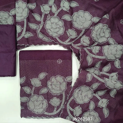 Dark purple kota unstitched salwar material,thread embroidery,applique work on daman(Lining Needed) matching silky fabric for both bottom and lining,applique work and floral embroidery on kota dupatta with scallop borders. JN262507