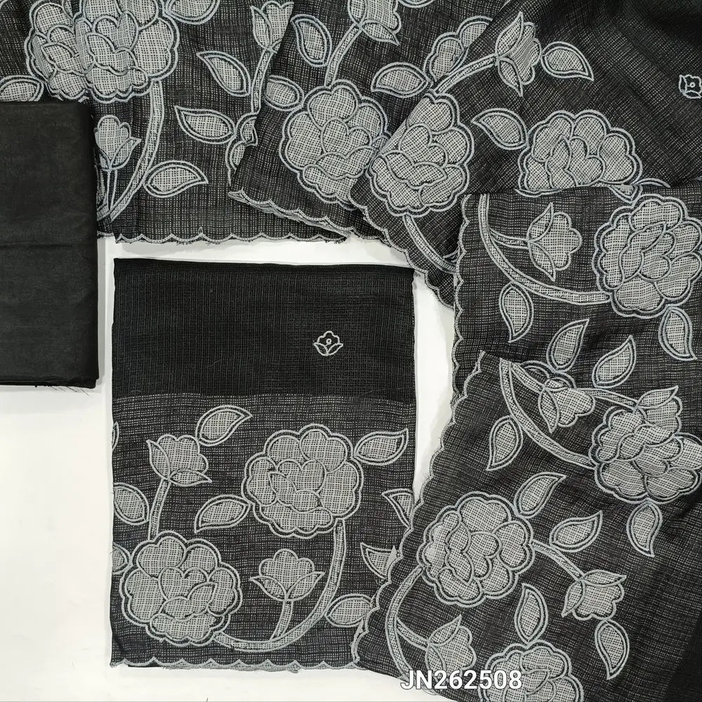 Black kota unstitched salwar material,thread embroidery,applique work on daman(Lining Needed) matching silky fabric for both bottom and lining,applique work and floral embroidery on kota dupatta with scallop borders. JN262508