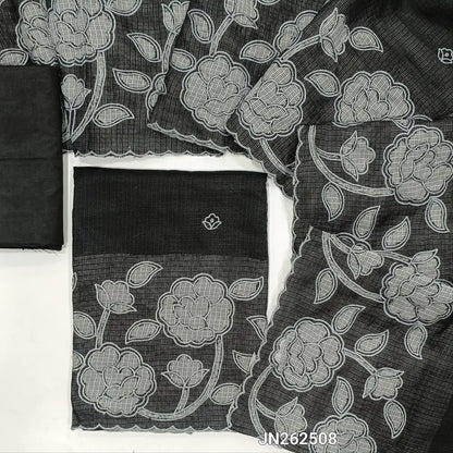 Black kota unstitched salwar material,thread embroidery,applique work on daman(Lining Needed) matching silky fabric for both bottom and lining,applique work and floral embroidery on kota dupatta with scallop borders. JN262508