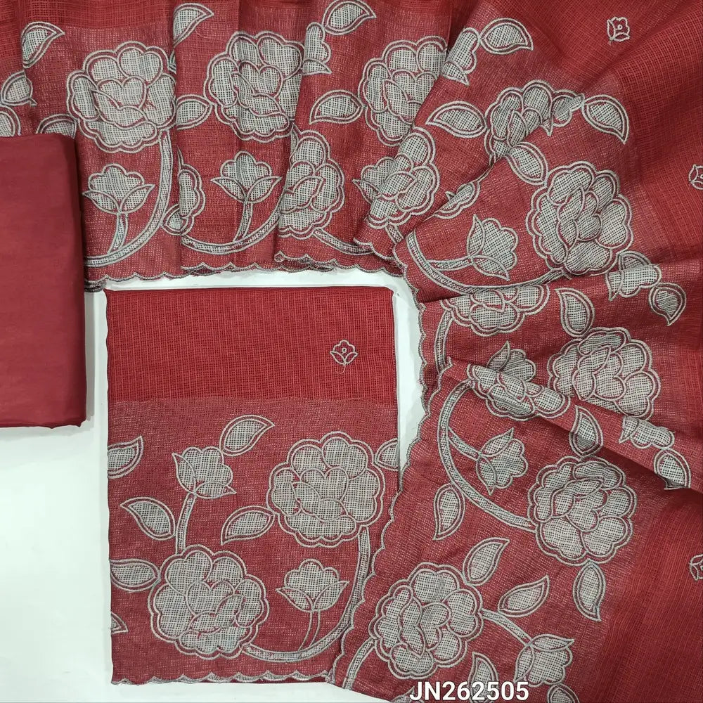 Reddish maroon kota unstitched salwar material,thread embroidery,applique work on daman(Lining Needed) matching silky fabric for both bottom and lining,applique work and floral embroidery on kota dupatta with scallop borders. JN262505