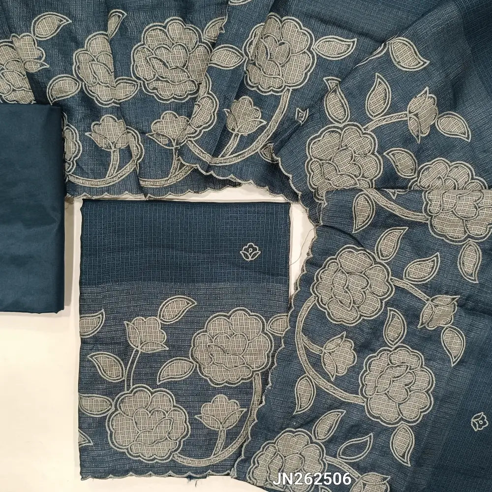 Dark blue kota unstitched salwar material,thread embroidery,applique work on daman(Lining Needed) matching silky fabric for both bottom and lining,applique work and floral embroidery on kota dupatta with scallop borders. JN262506