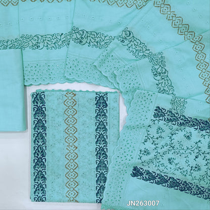 Pastel blue schiffli embroidered block printed cotton unstitched salwar material(lining needed)block prints,cut work & self embroidery work on front, cotton bottom,block printed & schiffli embroidered mul cotton dupatta with scallop borders. JN263007