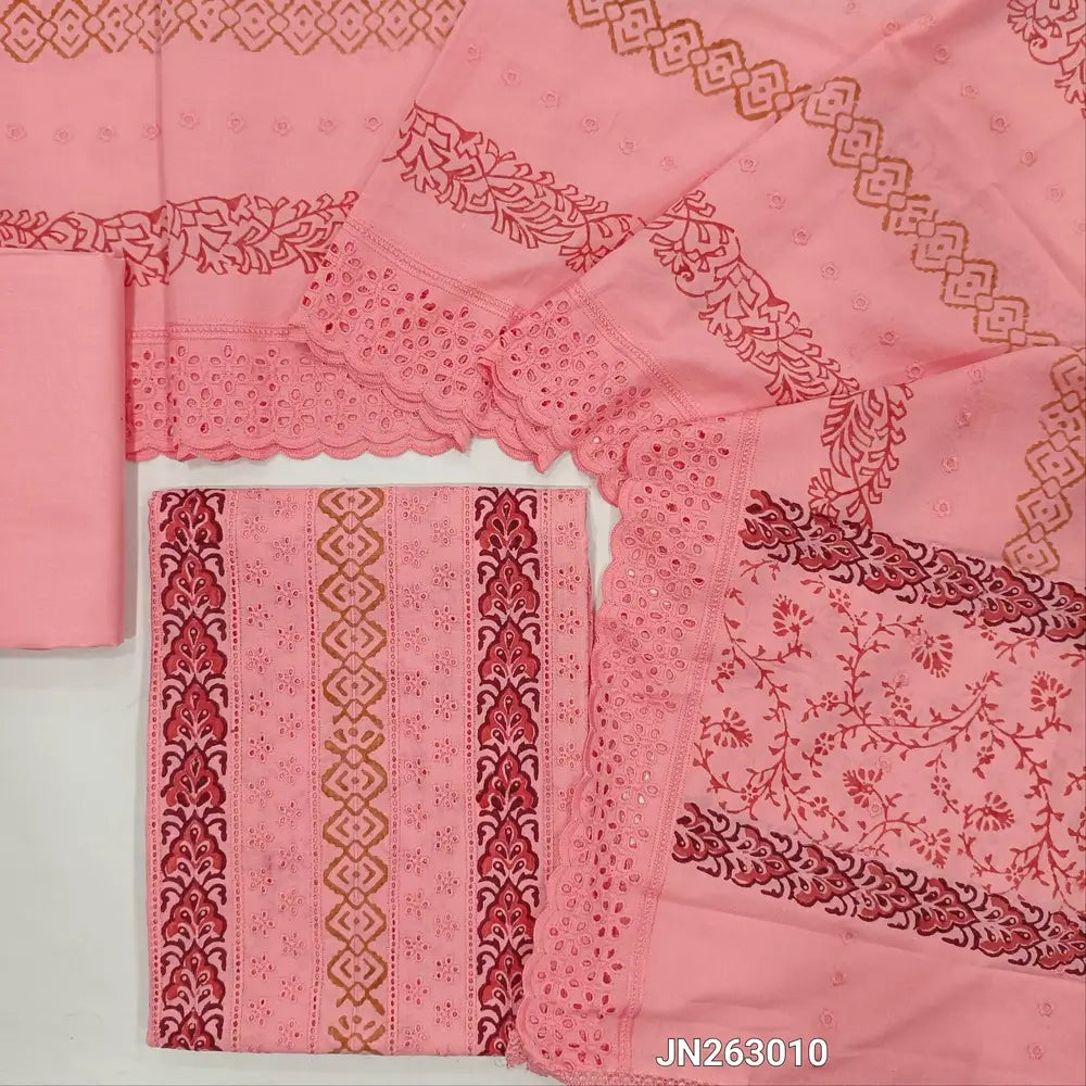 Bright pink schiffli embroidered block printed cotton unstitched salwar material(lining needed)block prints,cut work & self embroidery work on front, cotton bottom,block printed & schiffli embroidered mul cotton dupatta with scallop borders. JN263010