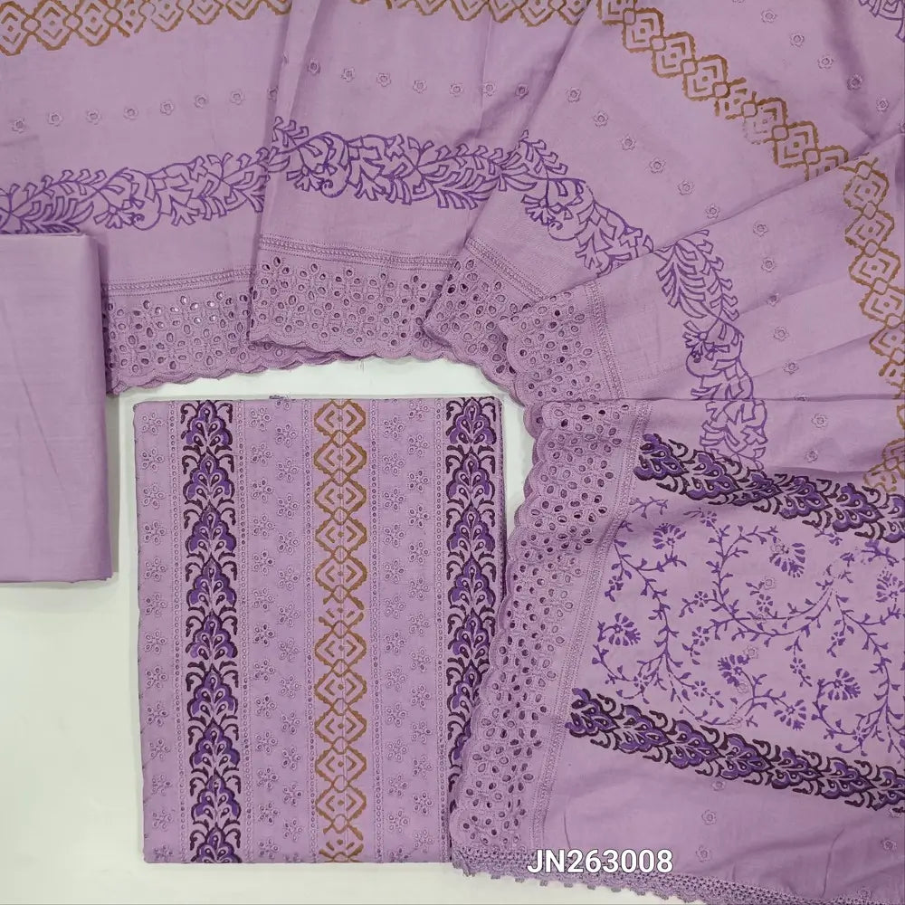 Mauve shade schiffli embroidered block printed cotton unstitched salwar material(lining needed)block prints,cut work & self embroidery work on front, cotton bottom,block printed & schiffli embroidered mul cotton dupatta with scallop borders. JN263008