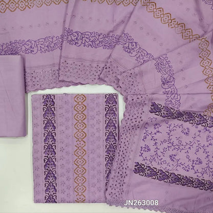 Mauve shade schiffli embroidered block printed cotton unstitched salwar material(lining needed)block prints,cut work & self embroidery work on front, cotton bottom,block printed & schiffli embroidered mul cotton dupatta with scallop borders. JN263008