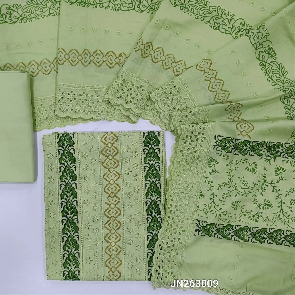 Light green schiffli embroidered block printed cotton unstitched salwar material(lining needed)block prints,cut work & self embroidery work on front, cotton bottom,block printed & schiffli embroidered mul cotton dupatta with scallop borders. JN263009