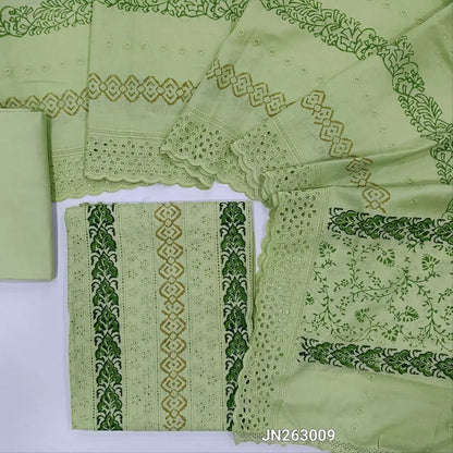 Light green schiffli embroidered block printed cotton unstitched salwar material(lining needed)block prints,cut work & self embroidery work on front, cotton bottom,block printed & schiffli embroidered mul cotton dupatta with scallop borders. JN263009