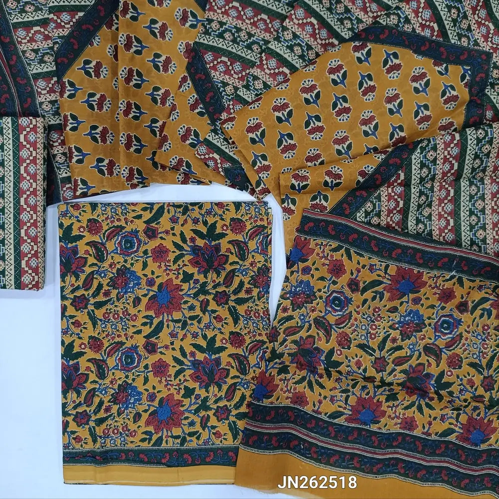 Mehandhi yellow floral Printed soft cotton unstitched salwar material(lining optional)vertical printed cotton bottom, printed mul cotton full length dupatta. JN262518