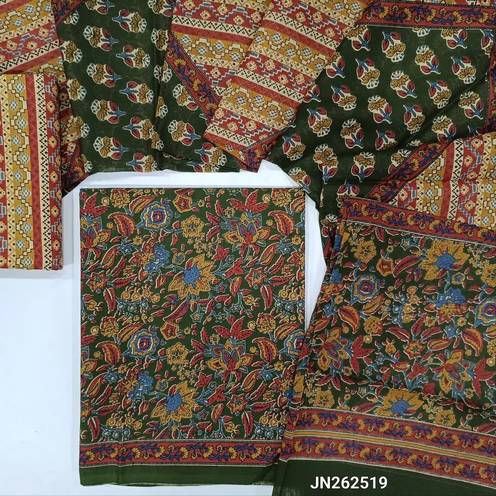 Dark green floral Printed soft cotton unstitched salwar material(lining optional)vertical printed cotton bottom, printed mul cotton full length dupatta. JN262519