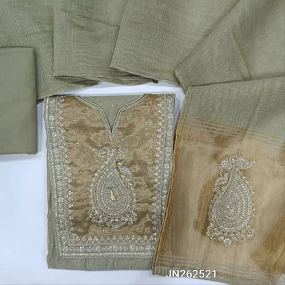 Light sage green silk cotton unstitched salwar material,zari buttas all over,gold tissue yoke with zarodzi, sequins and cutbead(lining needed)cotton bottom, silk cotton dupatta with gold tissue with zari work pallu. JN262521