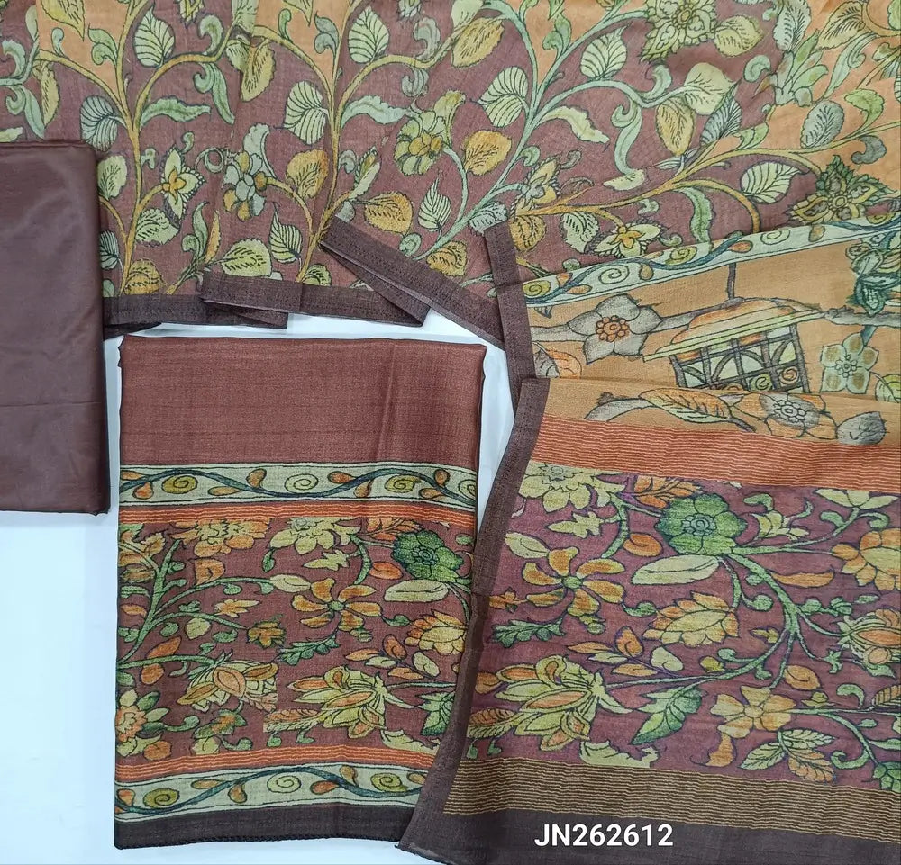 Dark mauve shade digital printed viscous Silk cotton unstitched salwar material, kalamkari printed on daman(shiny,Lining Needed)matching silky Bottom,digital printed viscous silk dupatta.JN262612