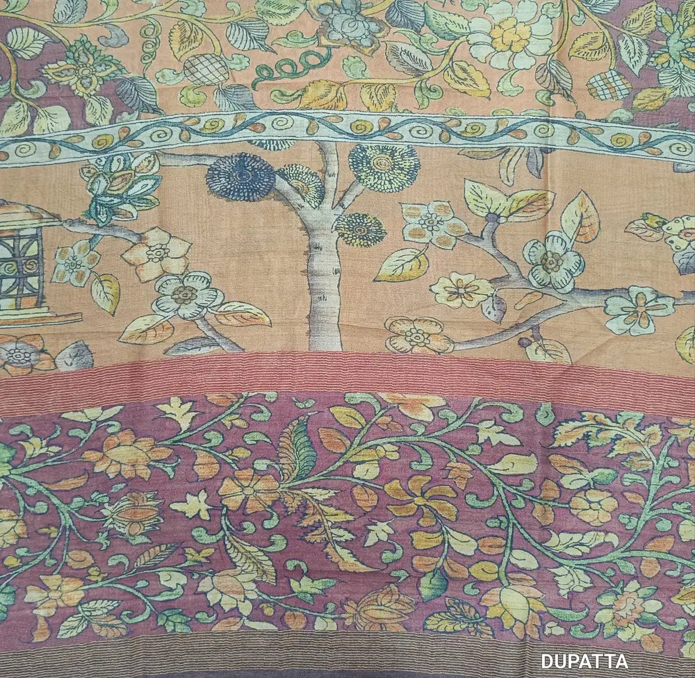 Dark mauve shade digital printed viscous Silk cotton unstitched salwar material, kalamkari printed on daman(shiny,Lining Needed)matching silky Bottom,digital printed viscous silk dupatta.JN262612