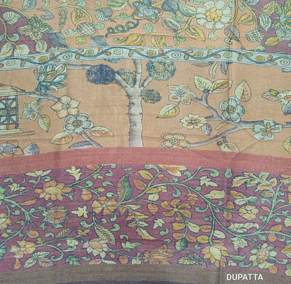 Dark mauve shade digital printed viscous Silk cotton unstitched salwar material, kalamkari printed on daman(shiny,Lining Needed)matching silky Bottom,digital printed viscous silk dupatta.JN262612