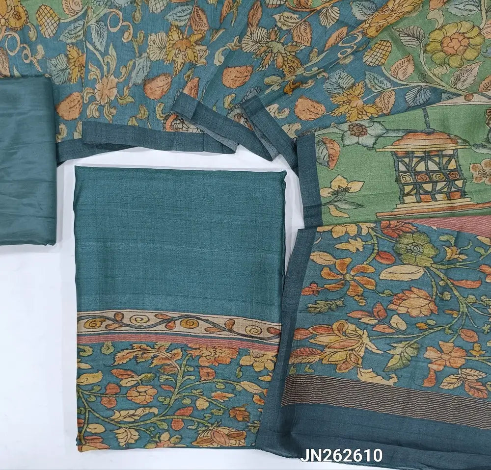 Blue shade digital printed viscous Silk cotton unstitched salwar material, kalamkari printed on daman(shiny,Lining Needed)matching silky Bottom,digital printed viscous silk dupatta.JN262610