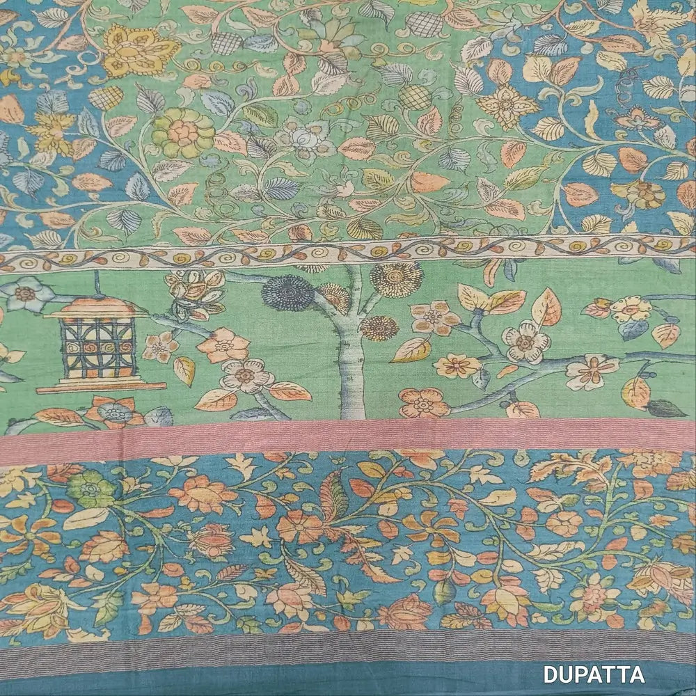 Blue shade digital printed viscous Silk cotton unstitched salwar material, kalamkari printed on daman(shiny,Lining Needed)matching silky Bottom,digital printed viscous silk dupatta.JN262610