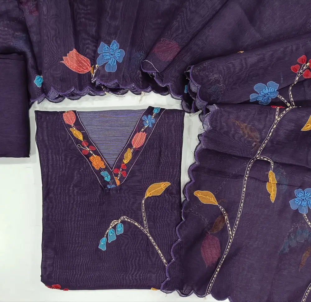 Dark purple digital printed premium silk cotton unstitched salwar material (lining needed) embroidery work on yoke, kantha stitch & sequins work front, santoon bottom, hand embroidery digital printed silk cotton dupatta with scallop borders. JN262805