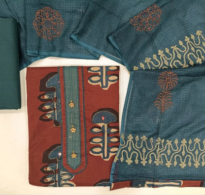 Maroon & blue pure cotton unstitched salwar material (soft,lining optional)floral printed, zari lines & lace work on yoke, zari detailing,real mirror work on front,teal blue cotton bottom,block printed fancy kota silk cotton dupatta. JN262803