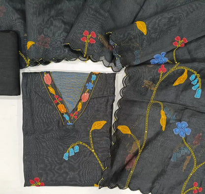 Black digital printed premium silk cotton unstitched salwar material (lining needed) embroidery work on yoke, kantha stitch & sequins work front, santoon bottom, hand embroidery digital printed silk cotton dupatta with scallop borders. JN262806