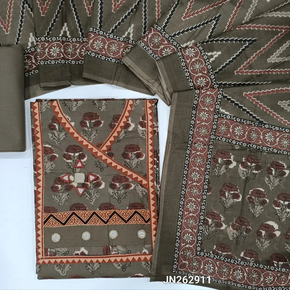 Light grey hand block printed pure cotton unstitched salwar material(lining optional)angraha neck& real mirror work on yoke, matching cotton bottom, zigzag printed pure mul cotton full length dupatta. JN262911