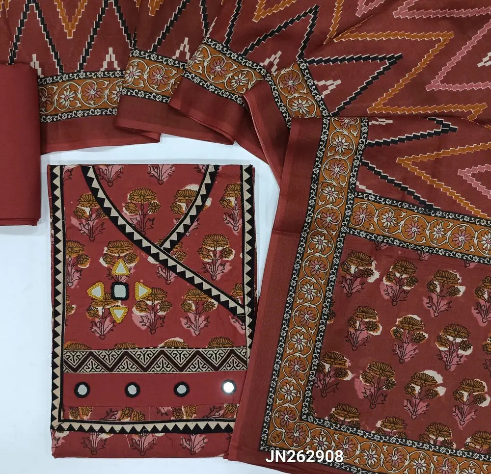 Dark maroon hand block printed pure cotton unstitched salwar material(lining optional)angraha neck& real mirror work on yoke, matching cotton bottom, zigzag printed pure mul cotton full length dupatta. JN262908