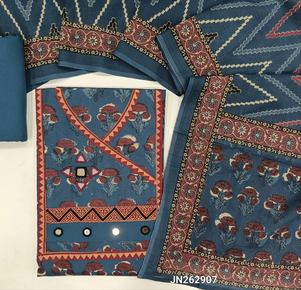 Indigo blue hand block printed pure cotton unstitched salwar material(lining optional)angraha neck& real mirror work on yoke, matching cotton bottom, zigzag printed pure mul cotton full length dupatta. JN262907