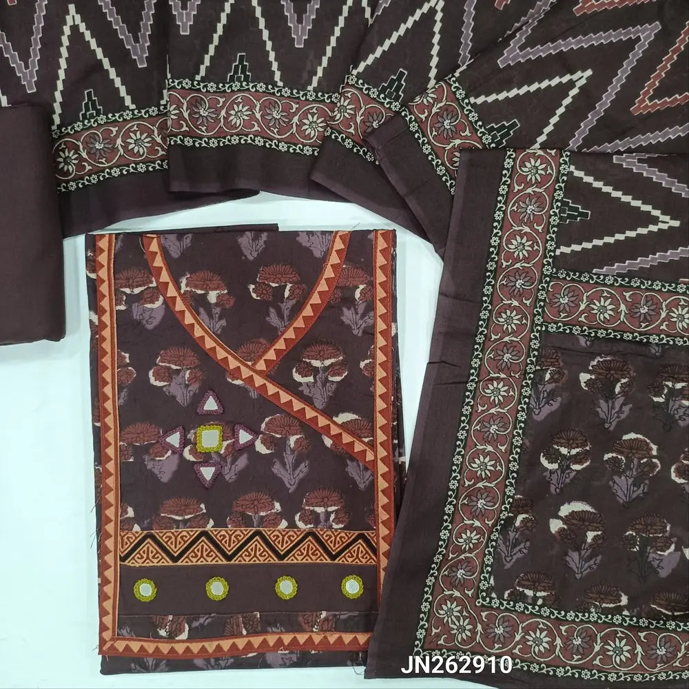 Dark mauve hand block printed pure cotton unstitched salwar material(lining optional)angraha neck& real mirror work on yoke, matching cotton bottom, zigzag printed pure mul cotton full length dupatta. JN262910