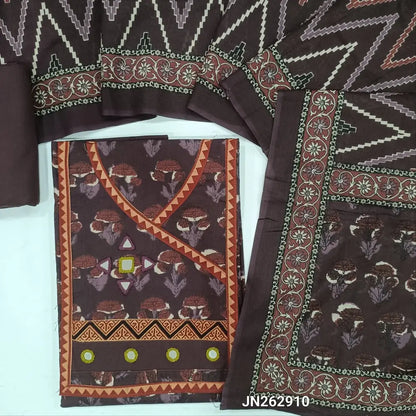 Dark mauve hand block printed pure cotton unstitched salwar material(lining optional)angraha neck& real mirror work on yoke, matching cotton bottom, zigzag printed pure mul cotton full length dupatta. JN262910