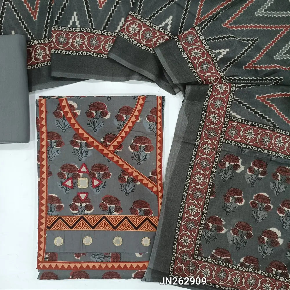 Grey shade hand block printed pure cotton unstitched salwar material(lining optional)angraha neck& real mirror work on yoke, matching cotton bottom, zigzag printed pure mul cotton full length dupatta. JN262909