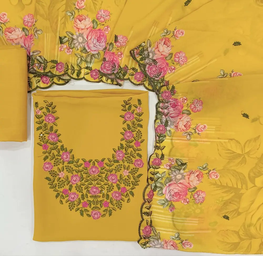 Bright mango yellow semi georgette unstitched salwar material (lining needed)thread embroidery on yoke,matching silky fabric for both bottom and lining, digital printed fancy chiffon dupatta with scallop borders. JN262808
