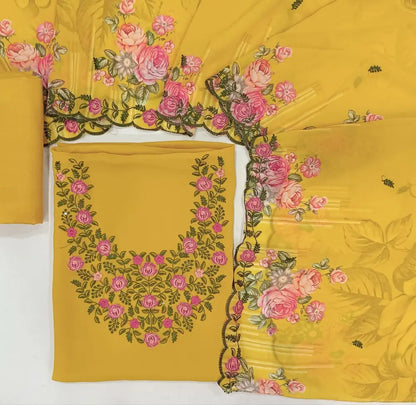 Bright mango yellow semi georgette unstitched salwar material (lining needed)thread embroidery on yoke,matching silky fabric for both bottom and lining, digital printed fancy chiffon dupatta with scallop borders. JN262808