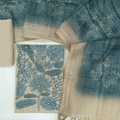 Light beige digital printed silk cotton unstitched salwar material,floral prints,sugar bead, faux mirror & sequins work on yoke(lining needed) matching cotton bottom, digital printed silk cotton dupatta. JL260114