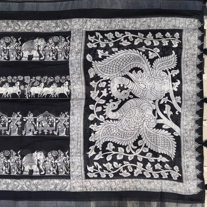 Black & white digital printed semi linen saree(lightweight,soft)with double side silver tissue borders, printed pallu and printed blouse with borders. NS116