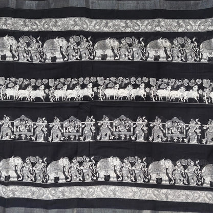 Black & white digital printed semi linen saree(lightweight,soft)with double side silver tissue borders, printed pallu and printed blouse with borders. NS116