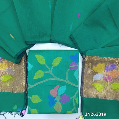 Turquoise Green muslin jamdani woven unstitched salwar material weaving work on yoke, thread woven buttas all over ( Lightweight, Lining Needed) NO BOTTOM, jamdani woven full length dupatta with tissue pallu handmade tassels. JN263019