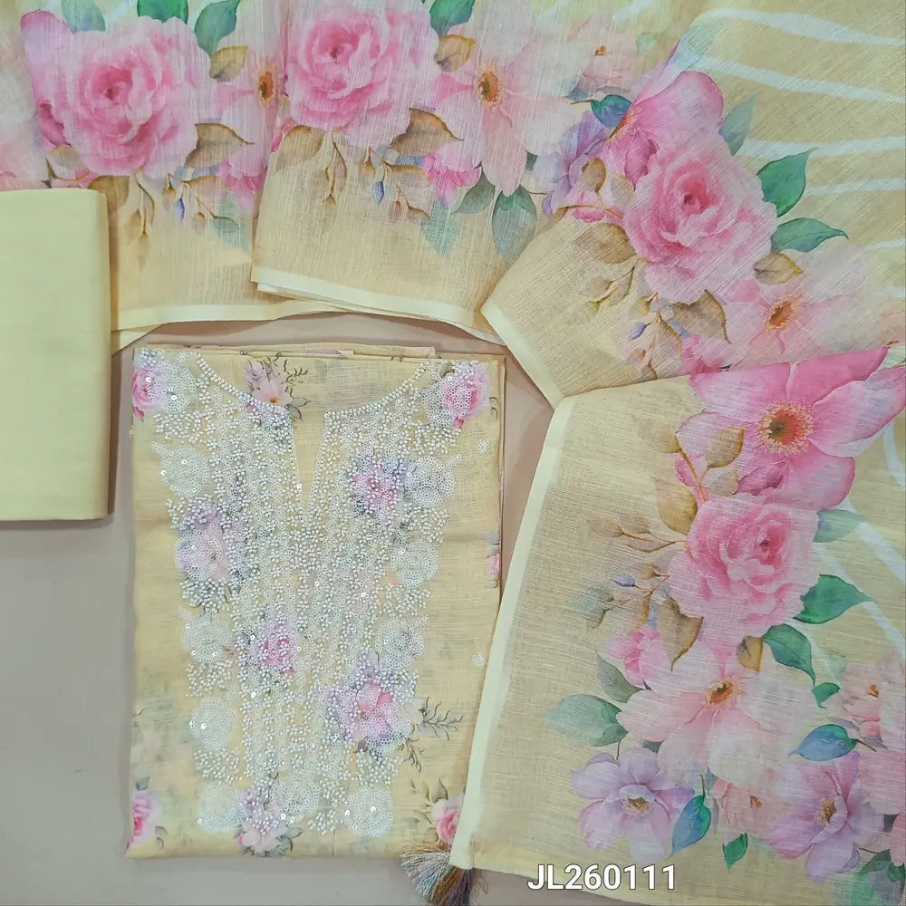Desinger pastel yellow floral printed premium semi linen unstitched salwar material,sugar bead &sequins work on yoke(textured, lining needed)cotton fabric provided for lining, NO BOTTOM,digital printed semi linen dupatta. JL260111