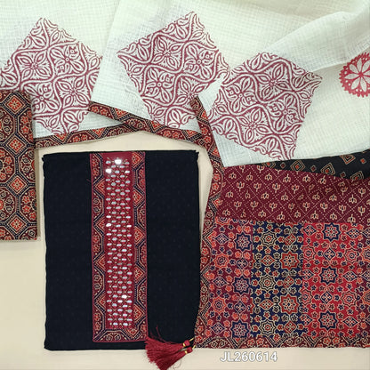 Black dobby cotton unstitched salwar material,ajrak &real mirror work on yoke,self weaving design(DARK MAROON)(lining needed)ajrak block printed cotton bottom, block printed kota dupatta with applique patch work on pallu. JL260614