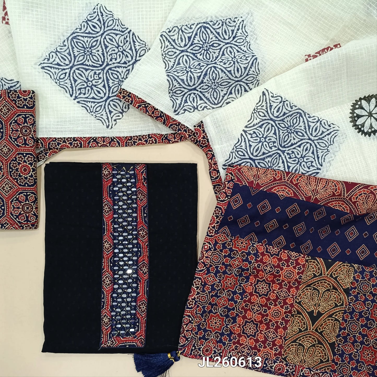 Black dobby cotton unstitched salwar material,ajrak &real mirror work on yoke,self weaving design(BLUE)(lining needed)ajrak block printed cotton bottom, block printed kota dupatta with applique patch work on pallu. JL260613