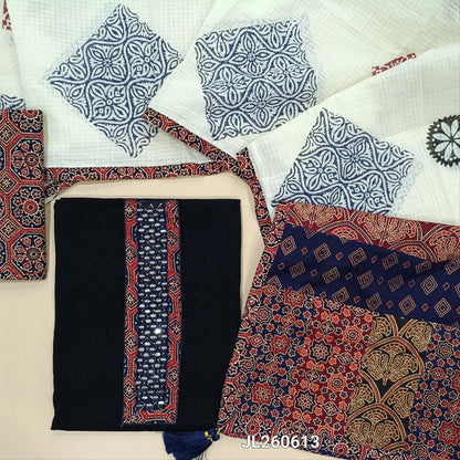 Black dobby cotton unstitched salwar material,ajrak &real mirror work on yoke,self weaving design(BLUE)(lining needed)ajrak block printed cotton bottom, block printed kota dupatta with applique patch work on pallu. JL260613